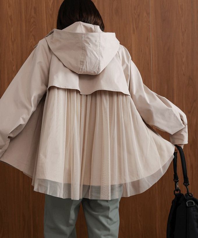 日本 Bab - [人氣款]背後皺摺薄紗連帽風衣外套-海軍藍