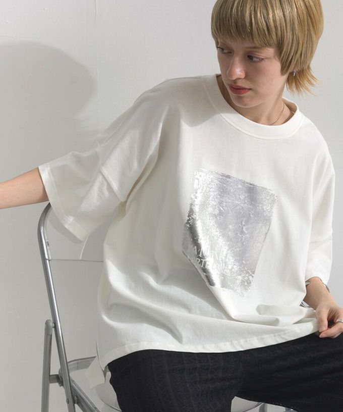 日本 le colis - 接觸冷感 金銀箔方塊印花T恤-橘