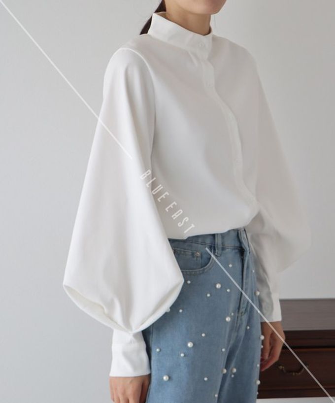 日本 BLUE EAST - 知性小立領澎澎氣球袖襯衫-黑