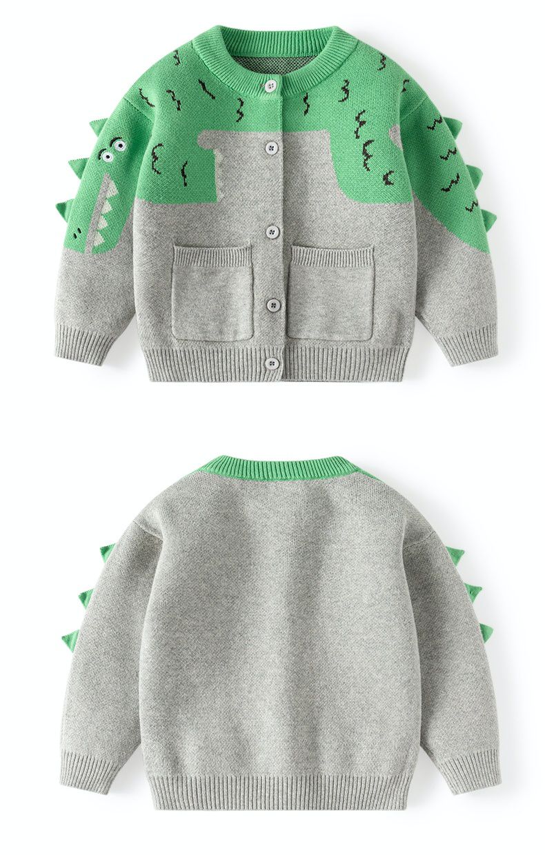 立體圓領針織排釦外套-鱷魚-灰+綠