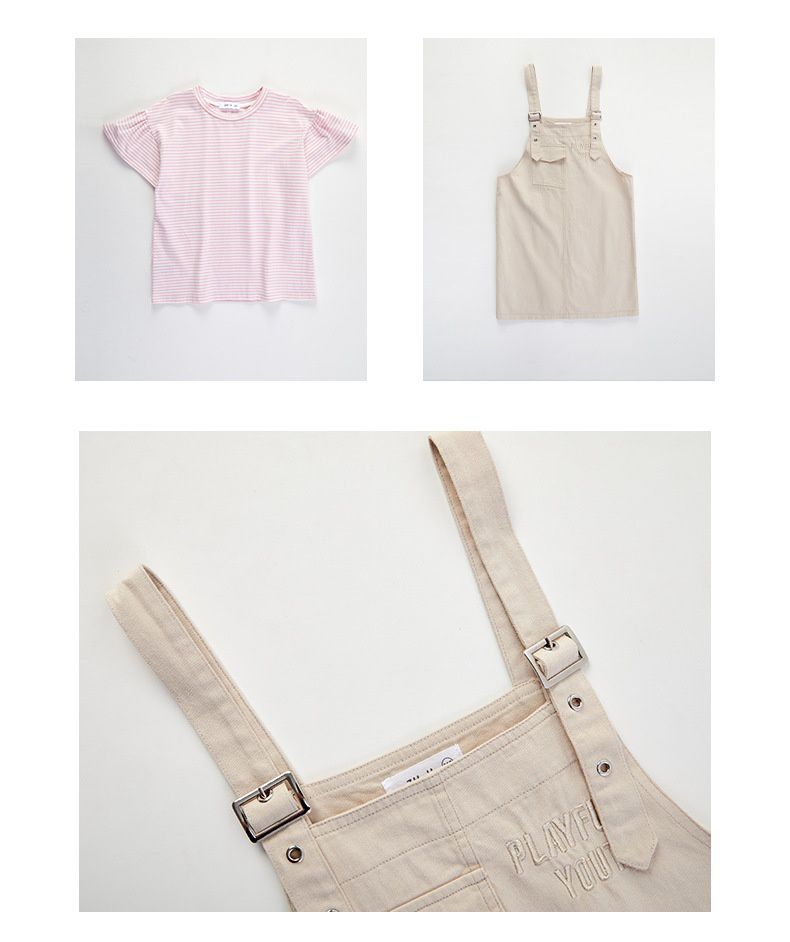 吊帶裙短袖套裝-條紋上衣+小口袋吊帶裙-黑+白+粉