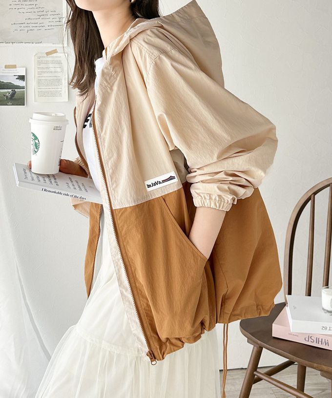 日本 Classical Elf - Java 撞色抽繩防風尼龍外套-象牙白x灰