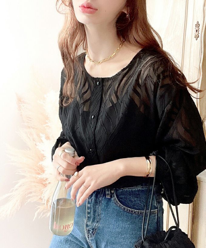 日本 Classical Elf - 波光粼粼刺繡透膚2way長袖襯衫-冰河藍