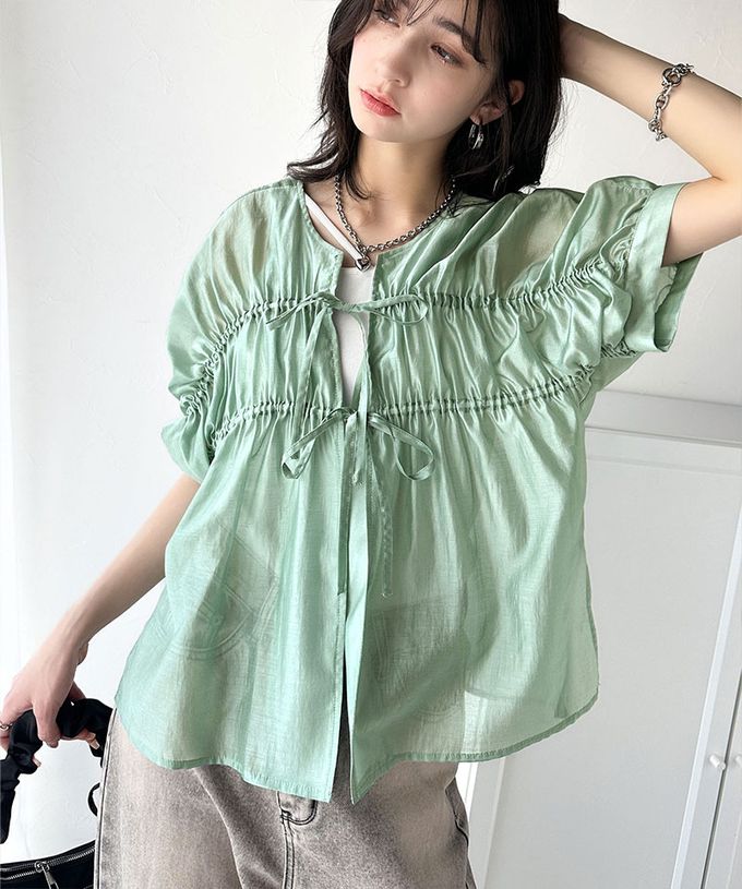 日本 Classical Elf - 前後2way皺折綁帶輕透罩衫上衣-淺綠
