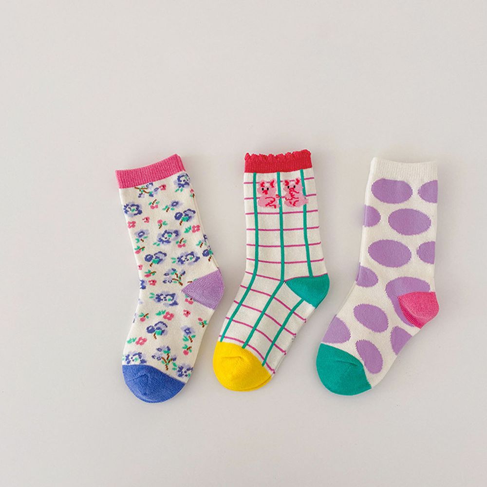 兒童中筒襪 (三入一組)-1088春天花花-B款紫