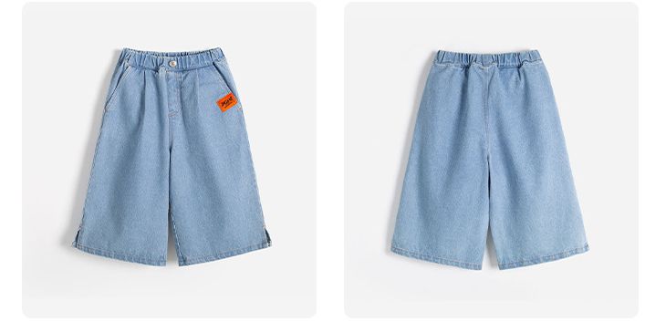 腰鬆緊牛仔七分寬褲-裝飾小標籤-淺藍色