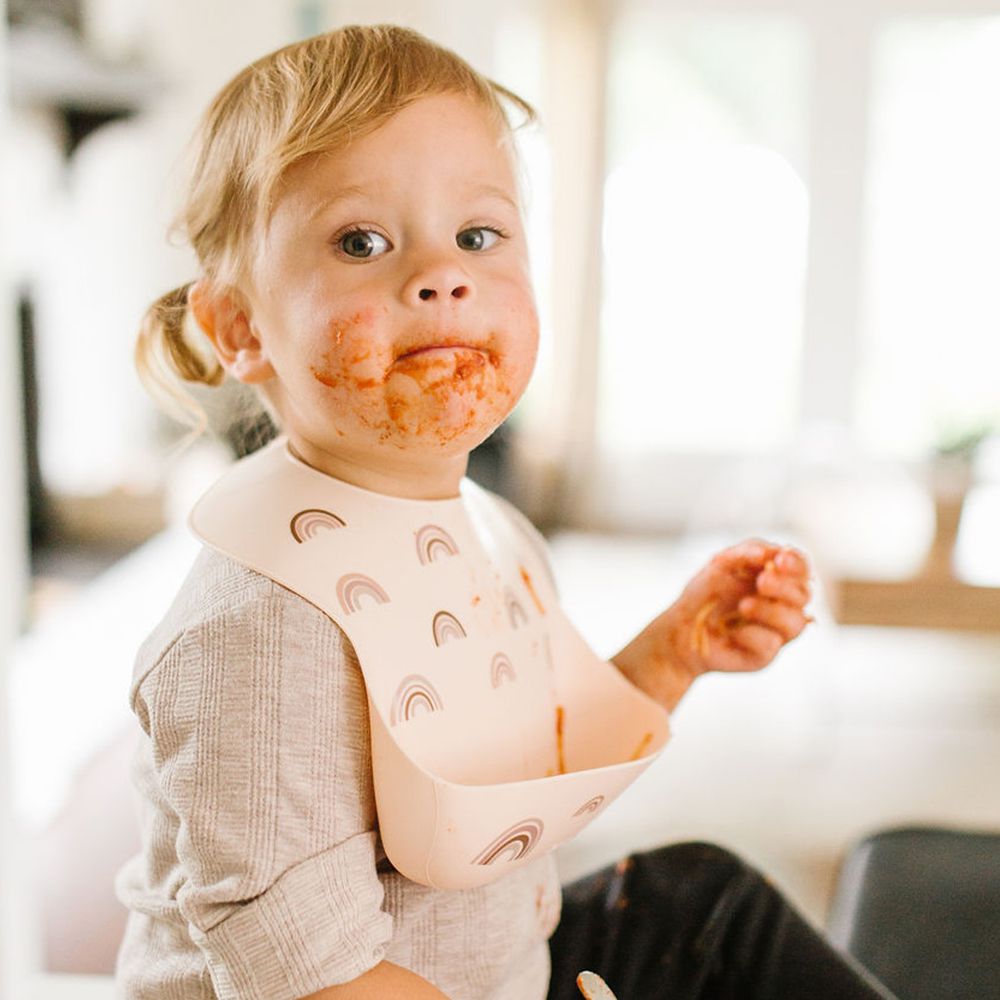 Loulou Lollipop - 寬口立體矽膠防漏圍兜/防水圍兜-粉嫩彩虹 (290x230x75mm)