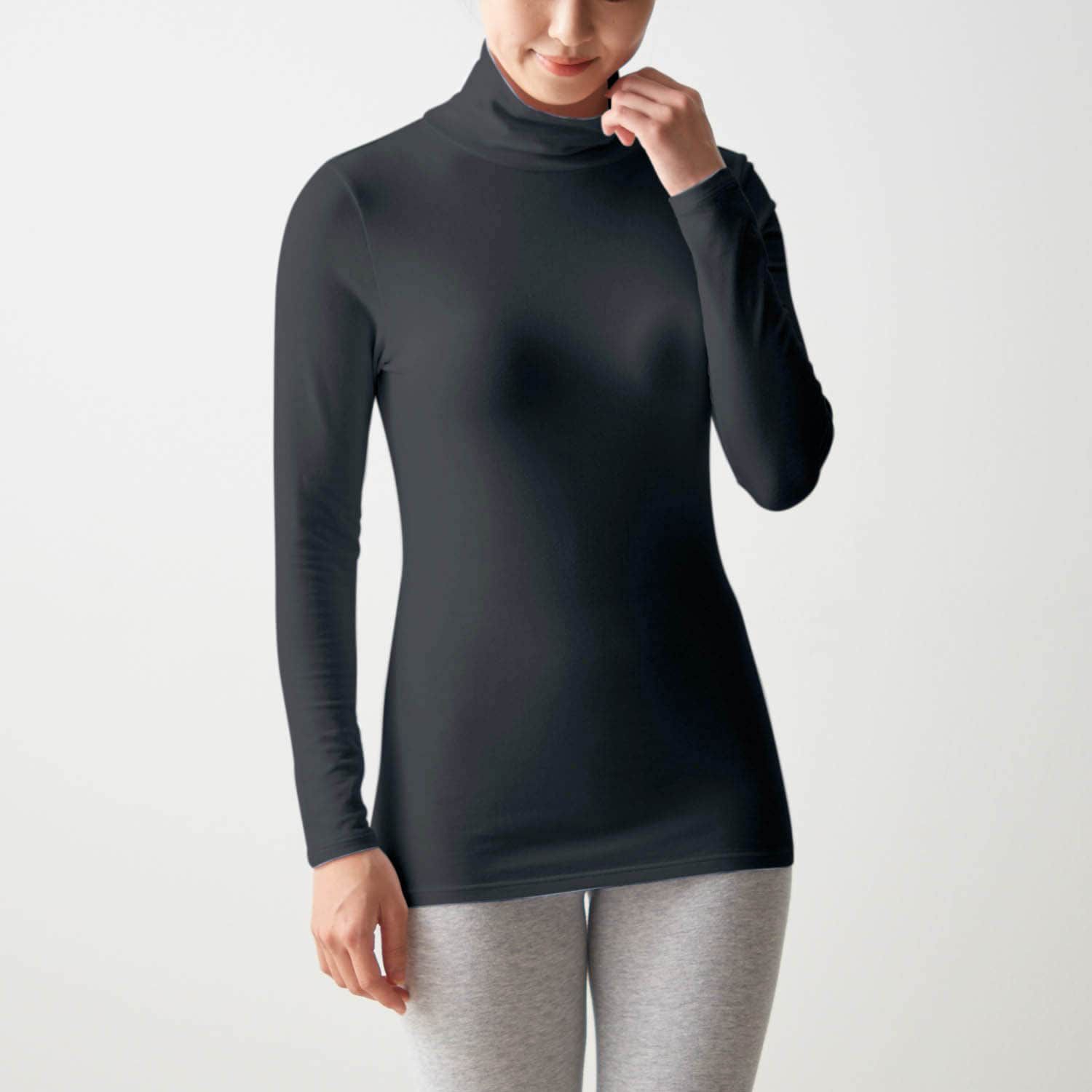 日本千趣會 - 95%棉 高領舒膚長袖發熱衣-媽媽-深灰