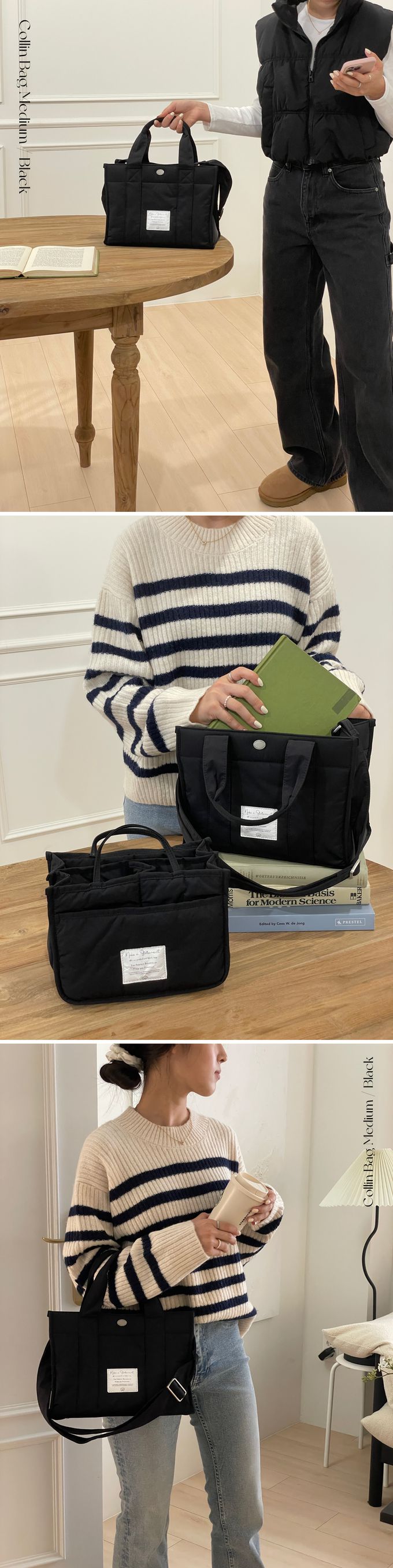 韓國 THEALLY - 尼龍手提/肩背兩用方形收納包-深卡其 (中)