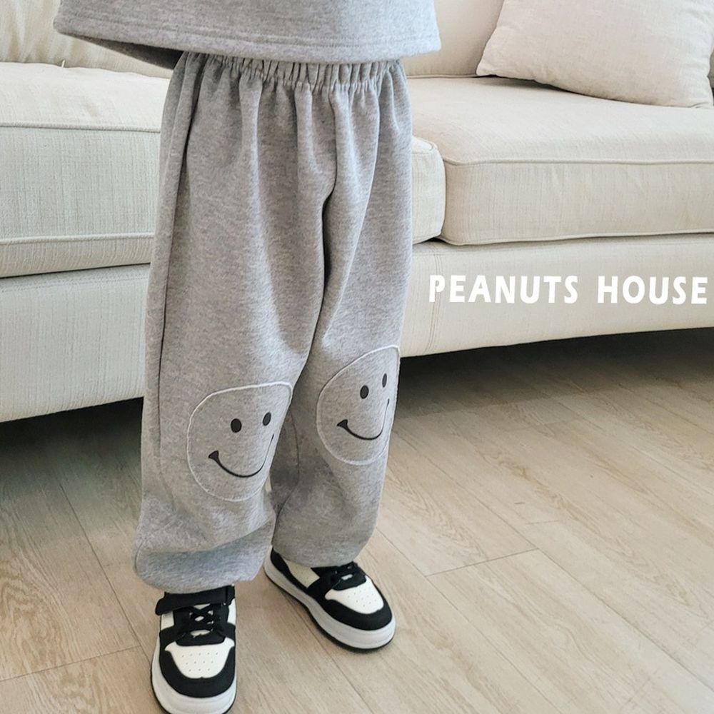 Peanuts House (內磨毛)鬆緊腰笑臉拼貼縮口長褲-灰