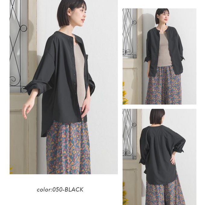 日本 OMNES - 柔滑科技棉 小立領長袖襯衫-黑