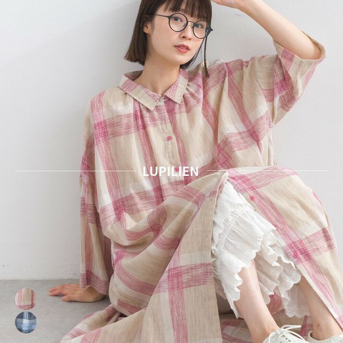 日本 Lupilien - 休閒率性格紋七分袖襯衫洋裝-粉紅x卡其