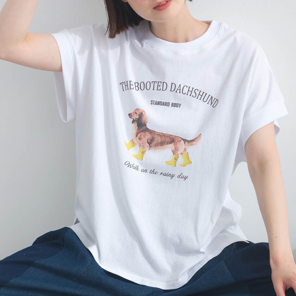 16OE天竺棉 臘腸狗印花短袖上衣-白