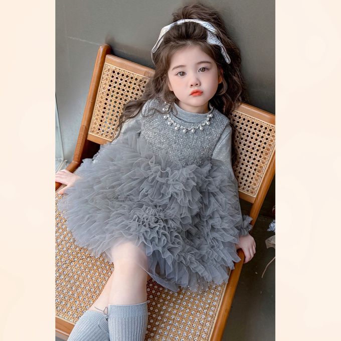 新年拜年Party法式甜美珍珠鑽飾領口蛋糕網紗洋裝