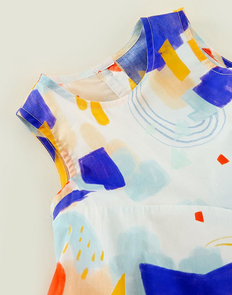 純棉油畫風無袖連身洋裝-拼色幾何-杏色