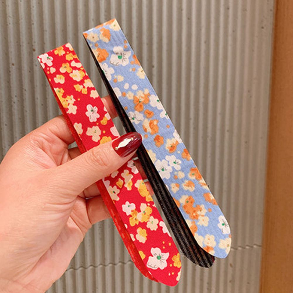 小清新魔術貼無痕髮箍-紅色碎花+藍色碎花 (一組2入)