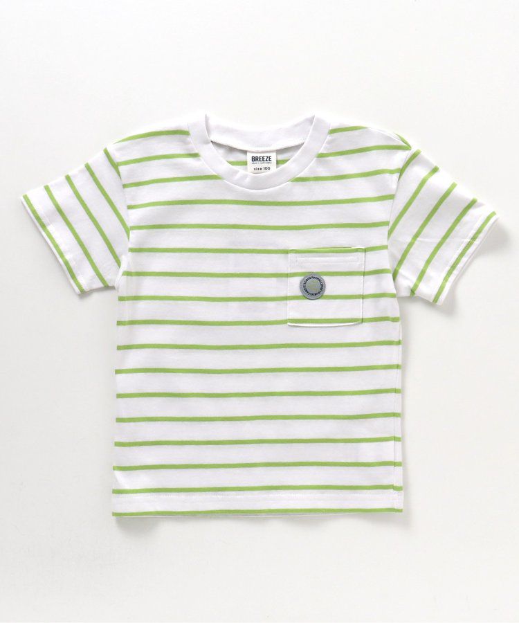 日本 BREEZE - 百搭舒適圓領短袖上衣-條紋-萊姆綠