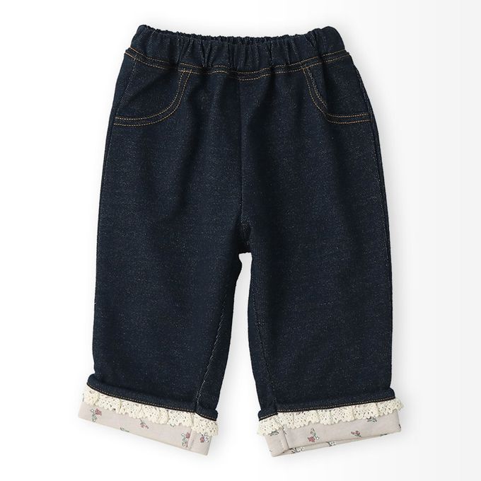 日本 ZOOLAND - 甜美荷葉花朵反摺七分褲-櫻桃刺繡-黑