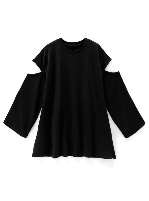 日本 GRL - 慵懶落肩開袖設計長版上衣-黑 (F)