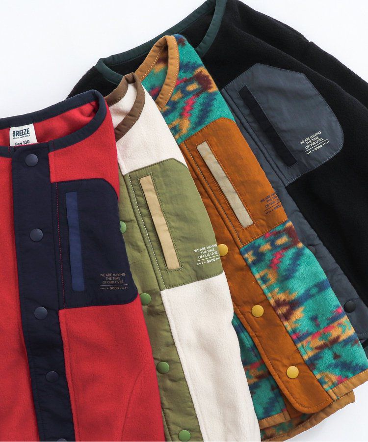 日本 BREEZE - 古著撞色輕質短毛外套-米白x軍綠