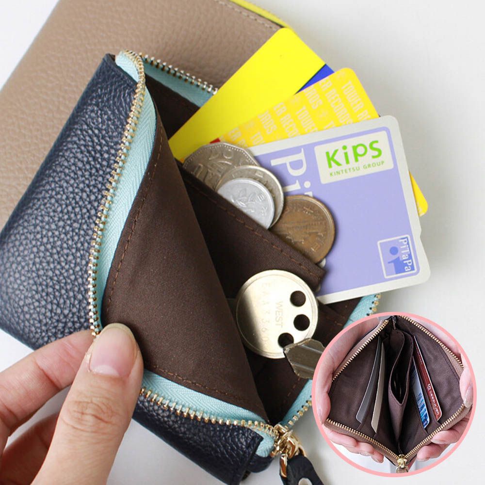 真皮迷你超輕巧拉鍊短夾-海軍藍x水藍 (11x9.5x1.5cm)