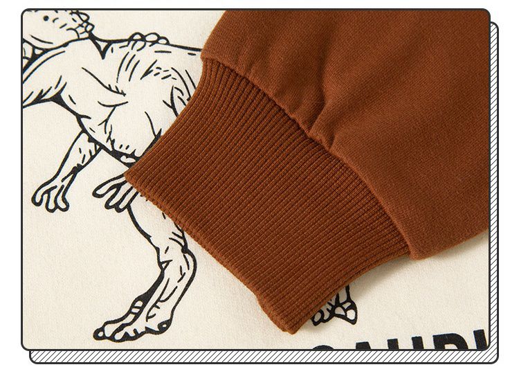 純棉圓領短版長袖上衣/大學T-暴龍-咖啡+杏