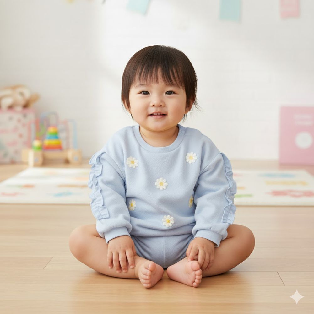 長袖休閒上衣-小花-淺藍色