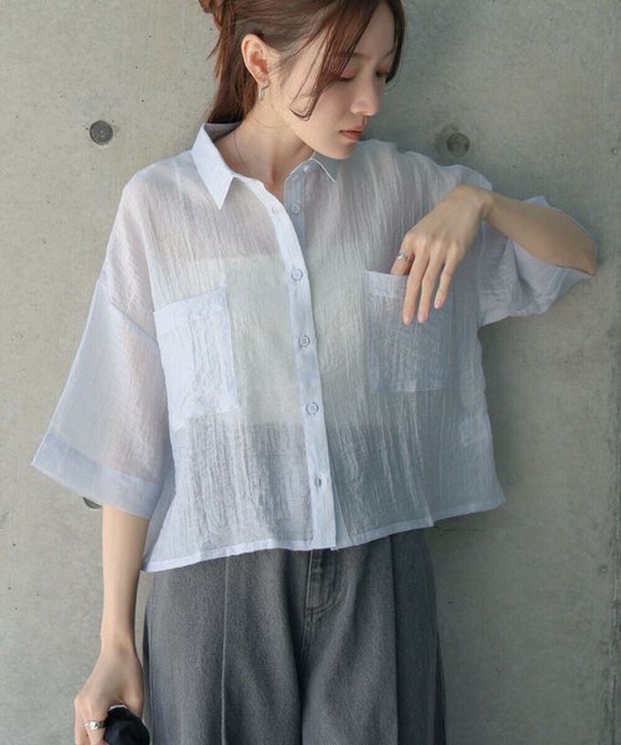 日本 Bab - 透膚感清爽短版五分袖襯衫-粉紅 (M)