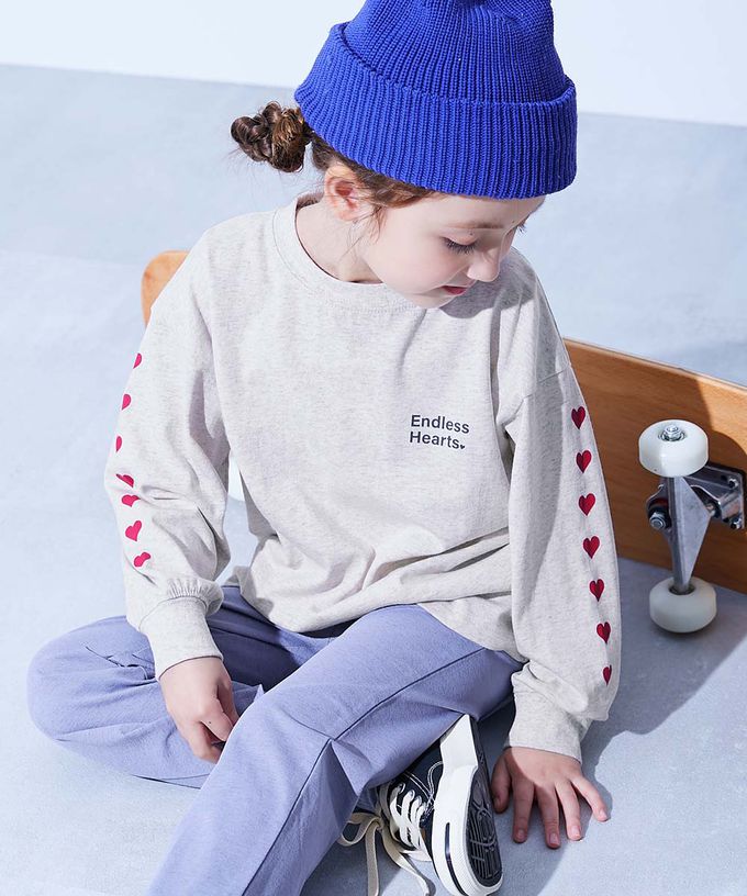 日本 devirock - 100%棉 定番女孩印花長袖上衣-四格貓咪-雜灰