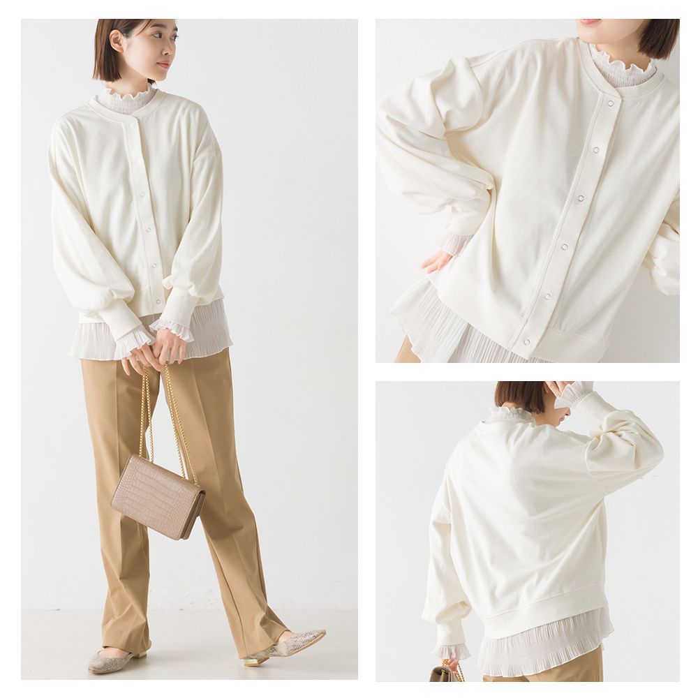 日本 OMNES - 柔美小V領澎澎袖薄外套-橄欖綠