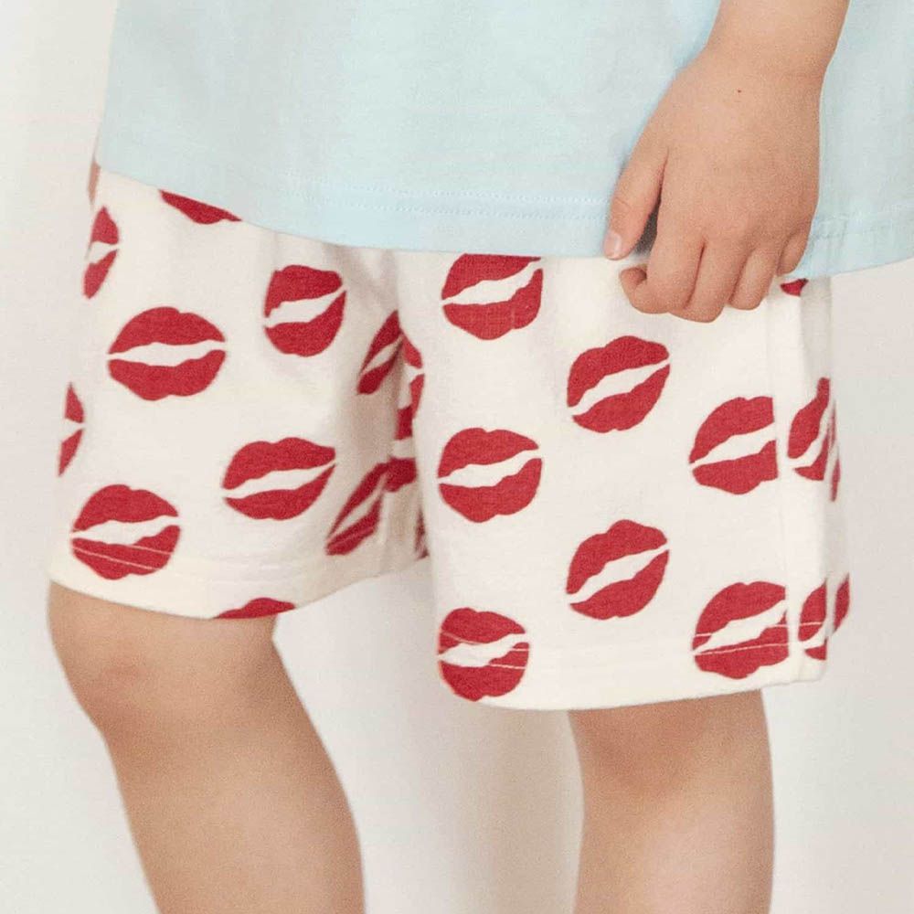 100%純棉 印花休閒短褲-唇印-紅x白