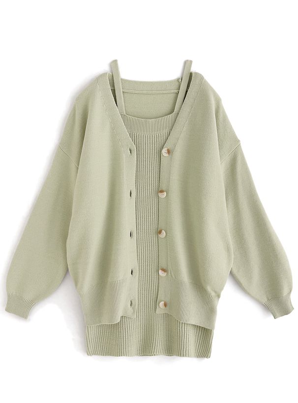 日本 GRL - 甜美針織洋裝+長版外套2件組-淺米杏