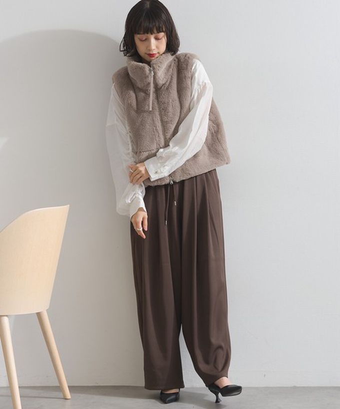 日本 ELENCARE DUE - 柔軟蓬鬆仿毛立領雙拉鍊背心-摩卡灰