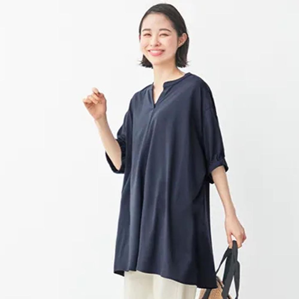 日本 BELLUNA - 防曬涼感 五機能寬鬆長版五分袖上衣-深藍