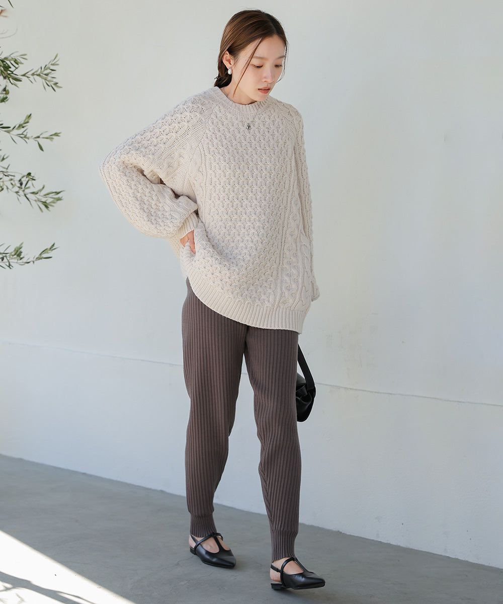 日本 Bab - 麻花編織大寬袖針織上衣-炭灰