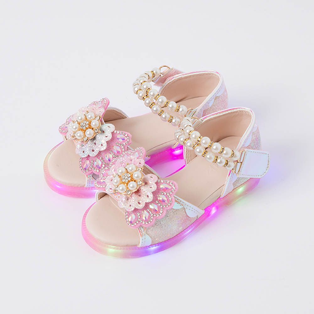 (LED)浮誇珍珠鑽飾亮粉公主涼鞋-粉