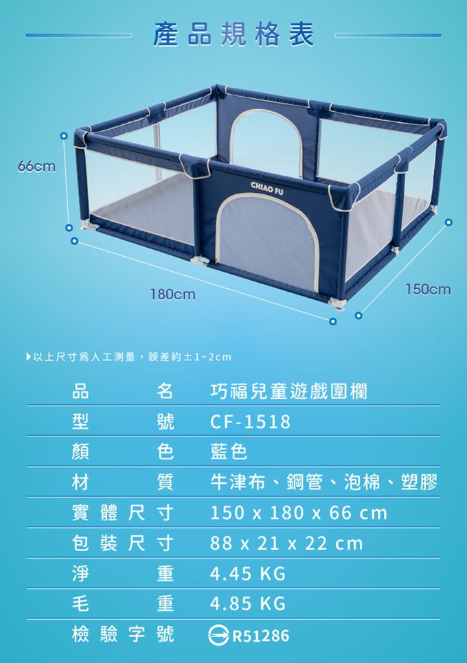 巧福 CHIAO FU - 兒童遊戲圍欄CF-1518(圍欄/遊戲床/球池/安全門欄/一體成形/遊戲城堡/寵物圍欄/SGS認證)
