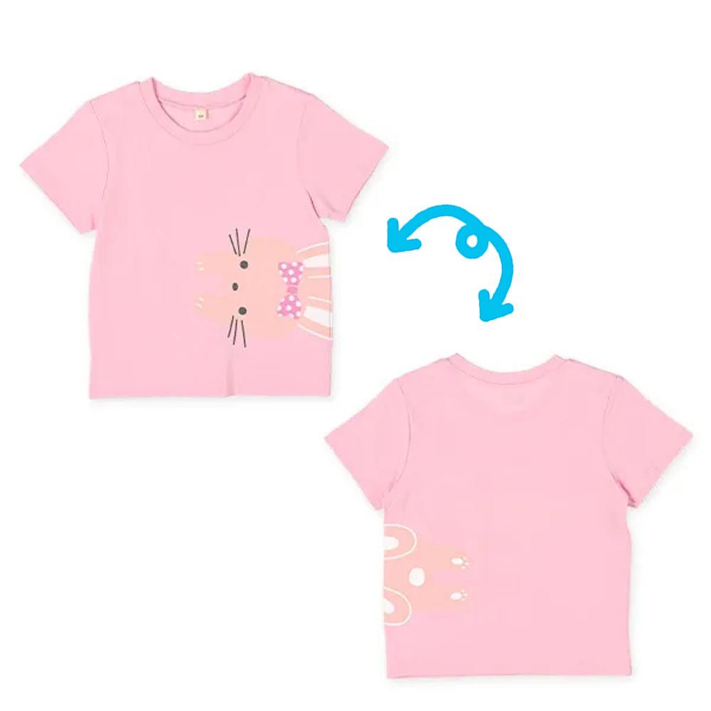 日本西松屋 - 腰間萌萌動物短袖上衣-兔子-粉紅