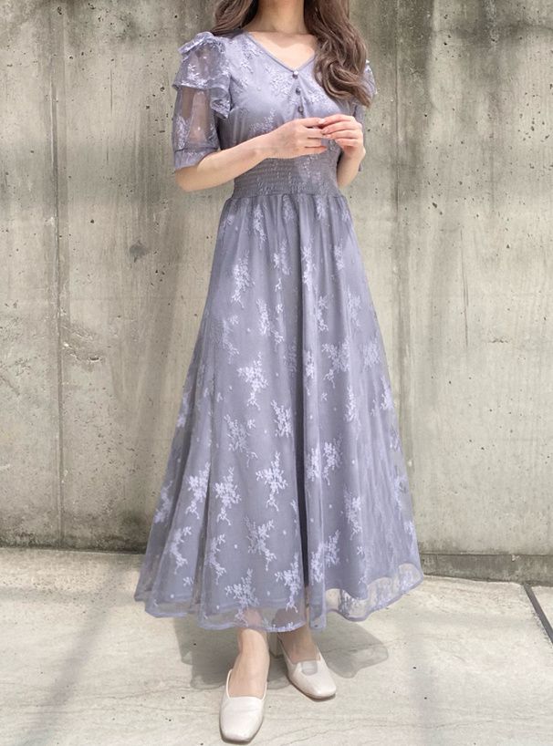 日本 GRL - 浪漫花刺繡薄紗短袖洋裝-星塵藍