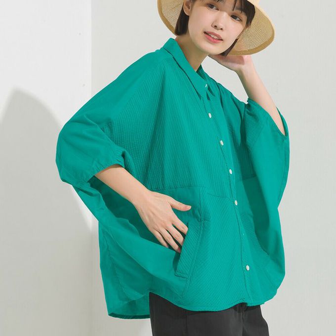 日本 OMNES - 100%印度棉 柔軟透氣寬袖襯衫(附口袋)-卡其