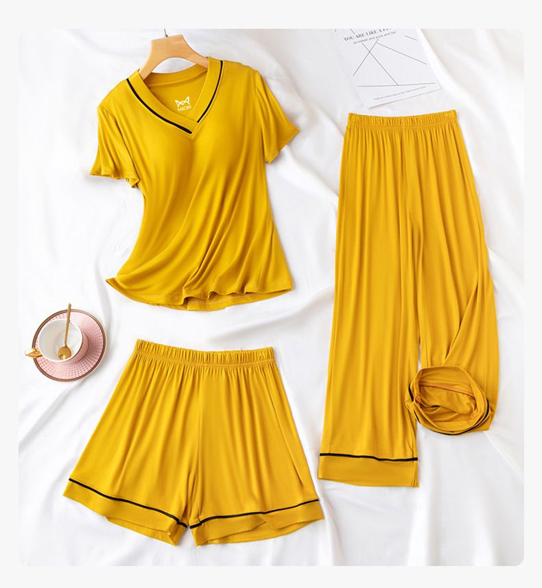 V領莫代爾Bra T短袖家居服套裝-短袖+短褲-紫粉色