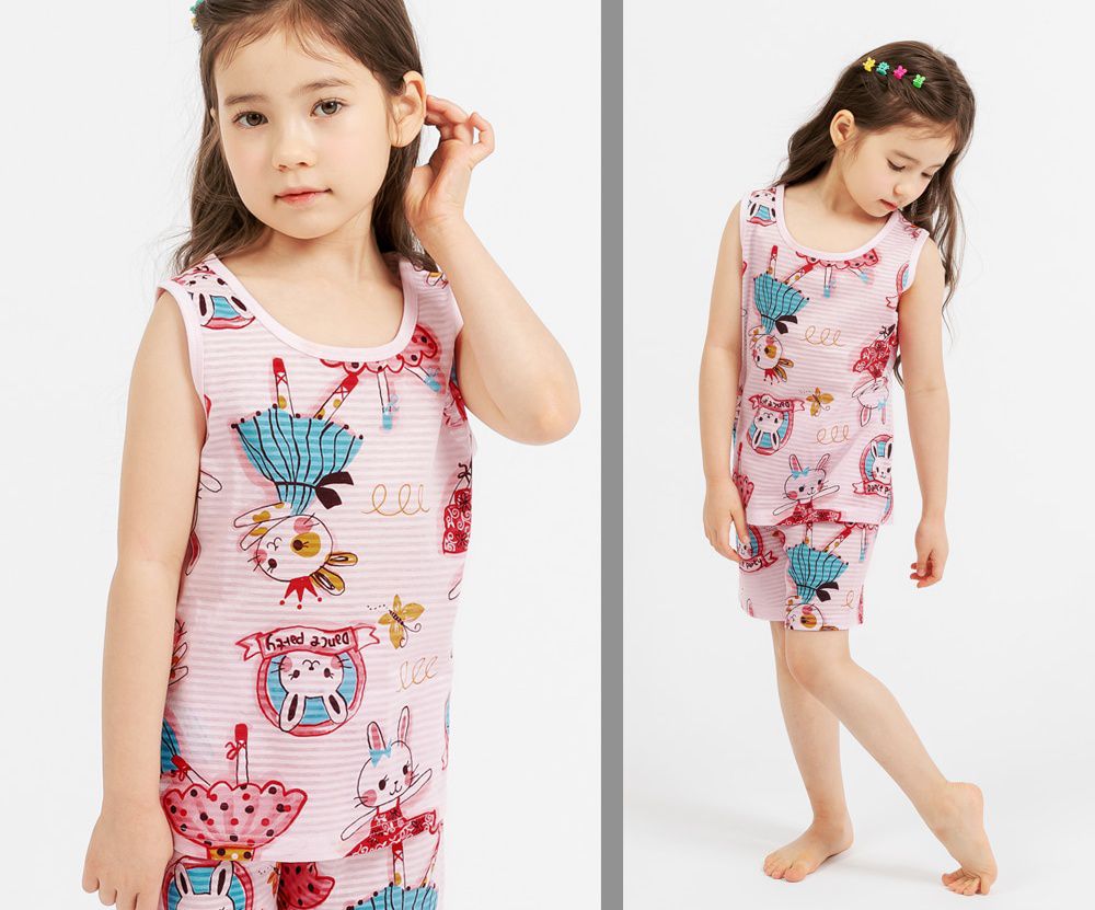 韓國 Mellisse - 韓製輕薄透氣無袖家居服(無螢光棉)-開心跳舞的兔子