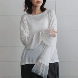 日本 Bab - 雙層薄紗拼接俏麗長袖上衣-象牙白