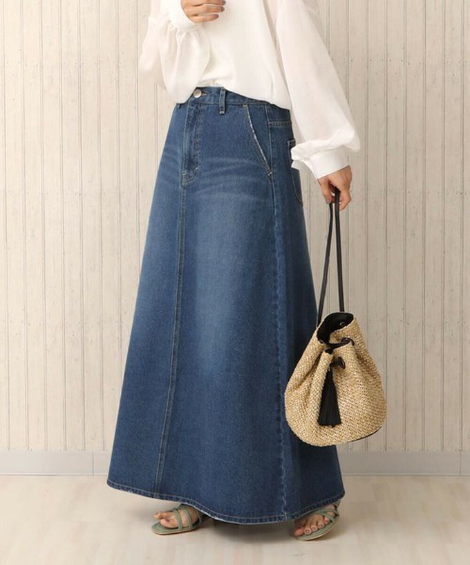 日本女裝代購 - 經典厚磅A字牛仔長裙(高個媽咪推薦)-丹寧藍