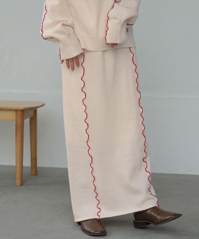 日本 Bab - 不規則狀色滾邊修身長裙-灰x深藍