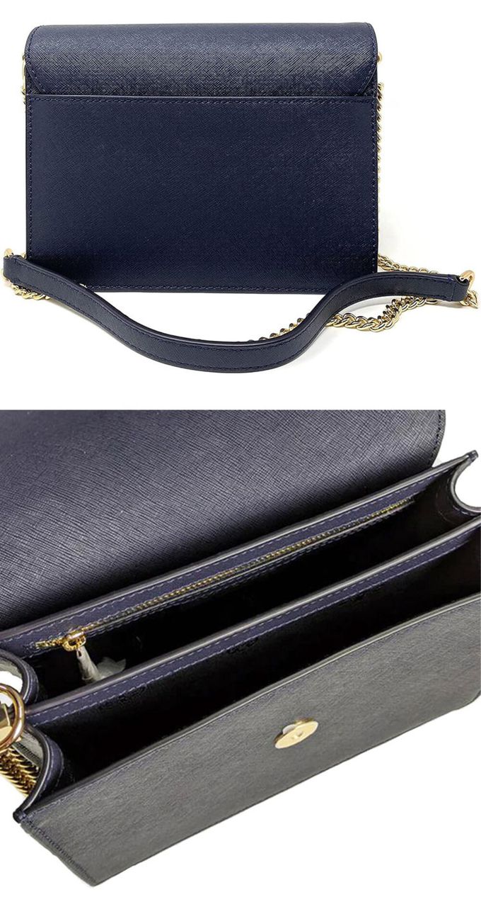 TORY BURCH - 雙TLOGO防刮皮革翻蓋斜背包 (深藍)