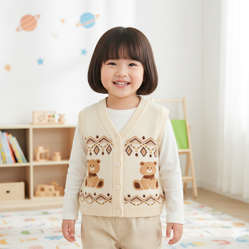 純棉V領百搭針織背心-快樂小熊-米杏