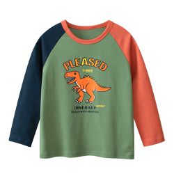 27KIDS - 純棉長袖上衣-歡樂暴龍-撞色綠