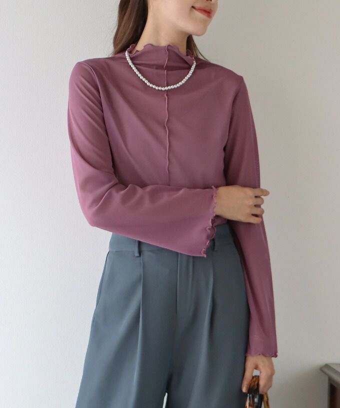 日本 BLUE EAST - 百搭木耳捲邊長袖上衣-白杏