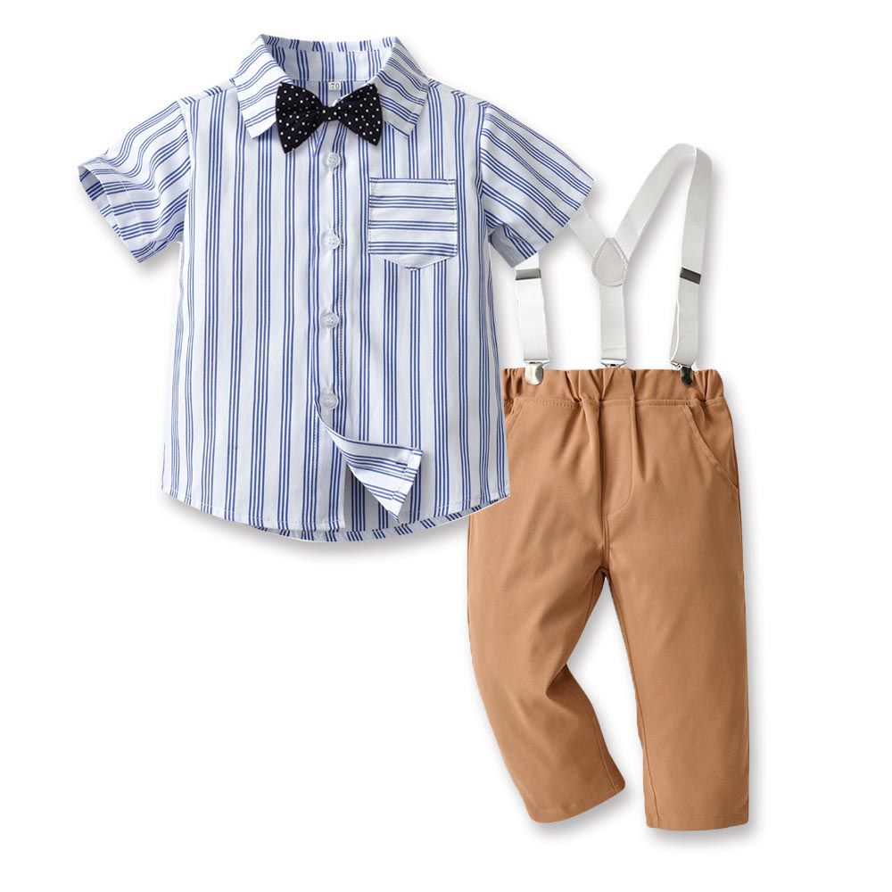 TemDoger - 小紳士短袖襯衫+長褲套裝-藍條紋